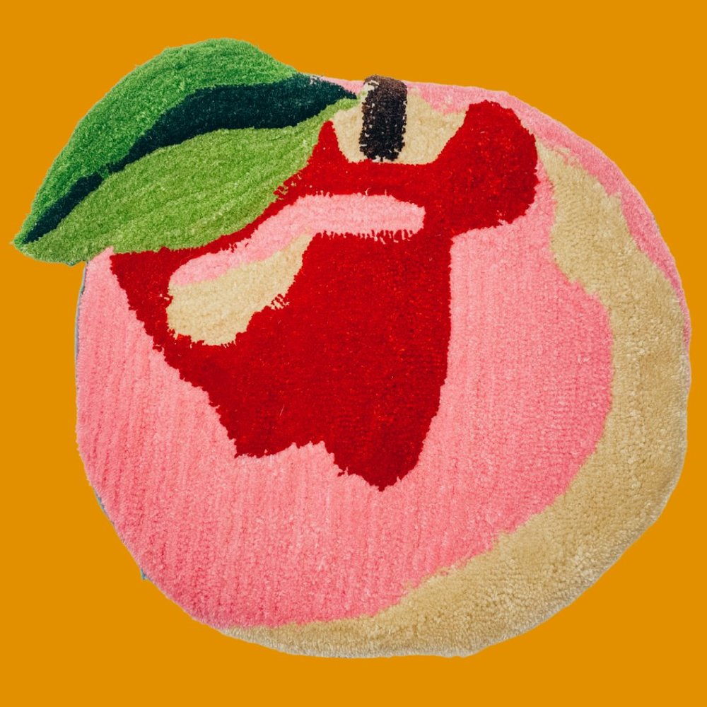 Red Apple Fruit Tufted Rug w/ Up-cycled Quilted Back, Handmade by Coco
